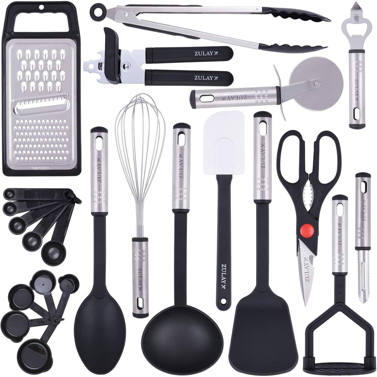Zulay Kitchen - 23 Piece Nylon Kitchen Utensils Nylon & Stainless Steel Cooking Utensils Set - Black