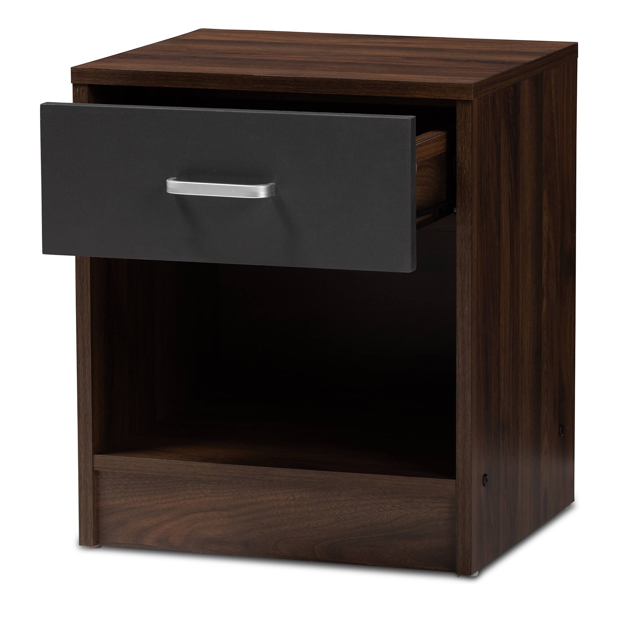 Angle. Baxton Studio - Hansel Modern and Contemporary 1-Drawer Dark Brown and Dark Finished Nightstand - Walnut Brown/Dark Grey.