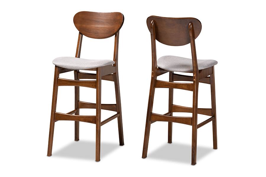 Baxton Studio - Katya Mid-Century Modern Fabric Upholstered and Walnut Brown Finished Wood 2-Piece Bar Stool Set - Grey/Walnut Brown
