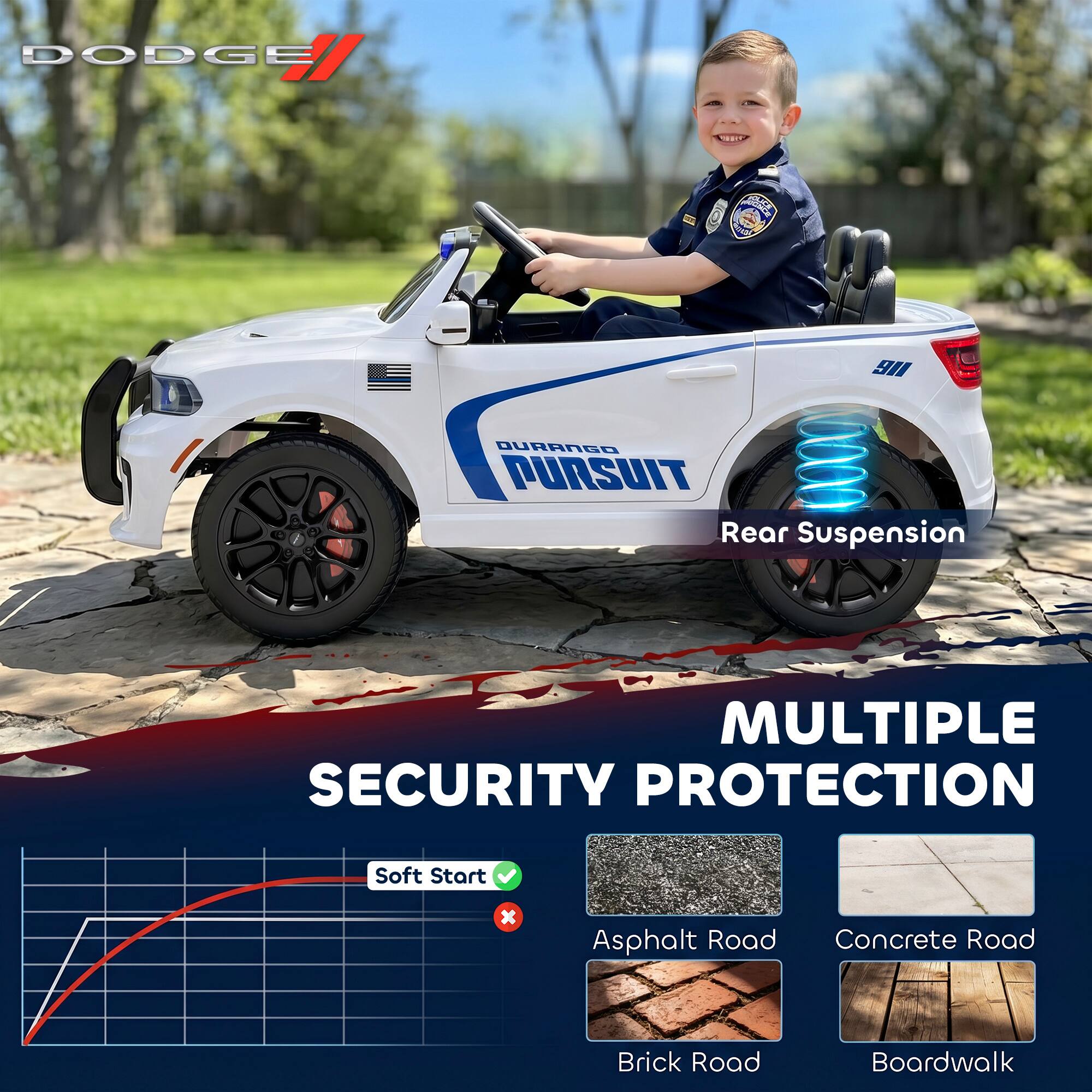 DODGE 5 C SI BURANGO PURSUIT Rear Suspension MULTIPLE SECURITY PROTECTION Soft Start x Asphalt Road Concrete Road Brick Road Boardwalk