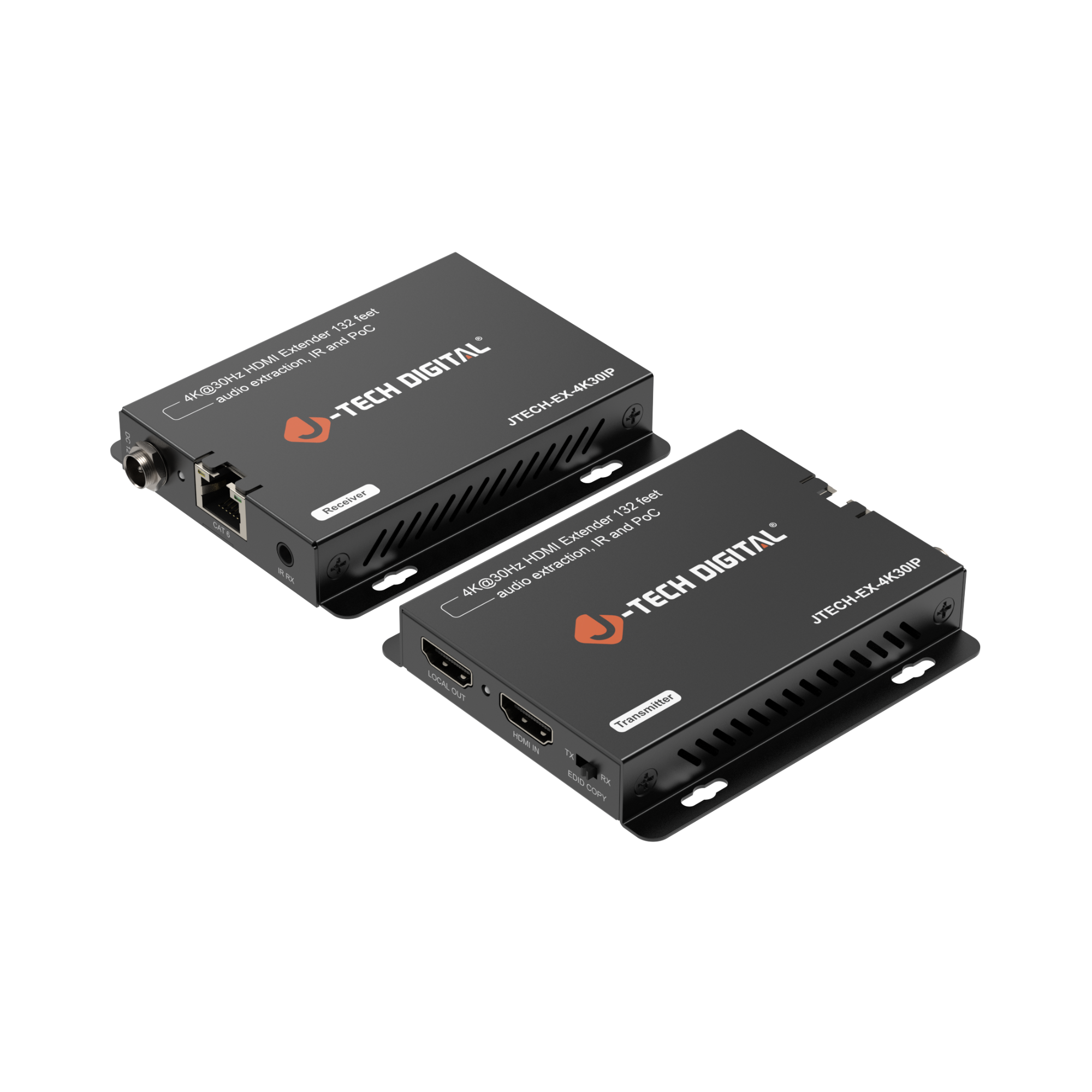 J-Tech Digital - 4K 30Hz HDMI Extender Over Ethernet w/ Audio Extraction, IR, PoC - Black