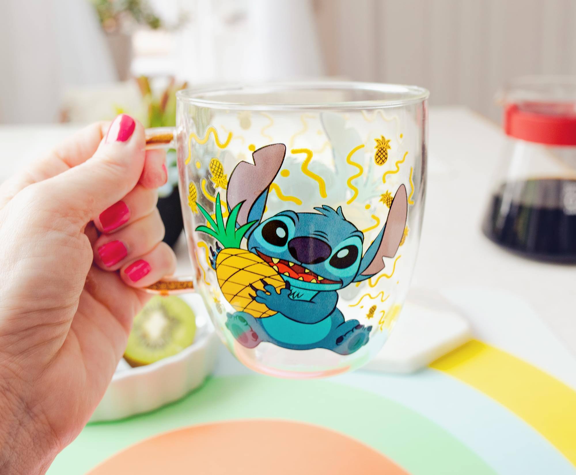 Alt View 3. Silver Buffalo - Disney Lilo & Stitch Pineapples Glitter Handle Glass Mug | 14 Ounces - Blue.