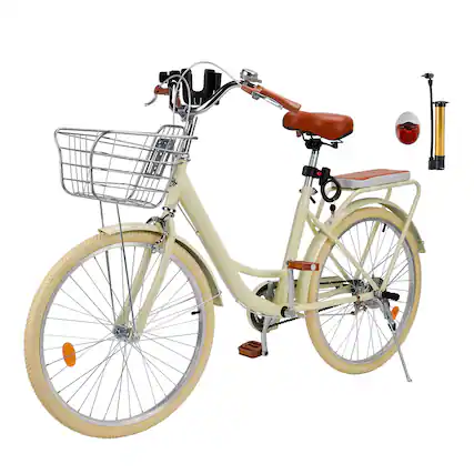 Front. Topteng - 24" Beach Cruiser Bike for Men/Women with Cup Holder, High Carbon Steel Frame, Dual Brakes, Rear Rack and Basket, Yellow - Yellow.