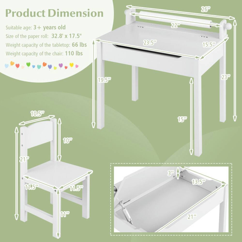 Product Dimension  
Suitable age: 3+ years old  
Size of the paper roll: 32.8' x 17.5"  
Weight capacity of the tabletop: 66 lbs  
Weight capacity of the chair: 110 lbs  

Dimensions:  
- Tabletop: 23.5" x 22" x 15.5"  
- Chair: 11.5" x 11.5" x 21"  
- Other dimensions: 10.5", 15", 10", 26", 23", 19.5", 10", 3", 13.5", 11", 21"