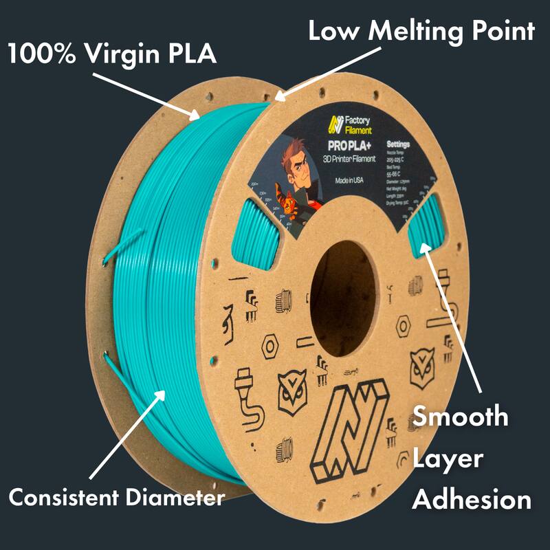 100% Virgin PLA  
Low Melting Point  
Consistent Diameter  
Smooth Layer Adhesion  

Factory Filament  
PROPLA+  
3D Printer Filament  
Made in USA  

Settings:  
- Heat Bed: 50-60°C  
- Nozzle Temp: 205-220°C  
- Cooling Fan: On  
- Length: 1 kg  
- Diameter: 1.75 mm