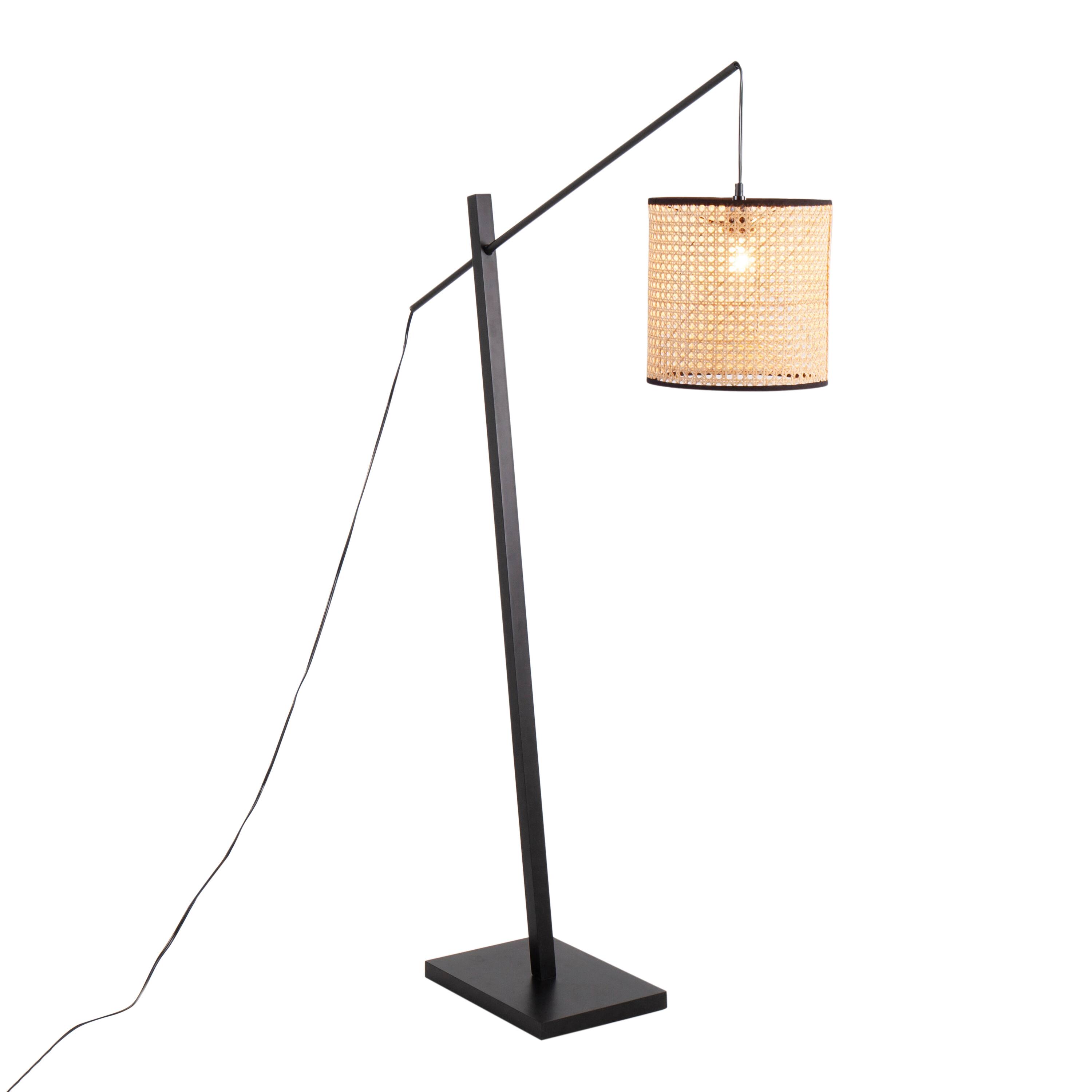 Angle. Loheer - Loheer Arturo Contemporary Rattan Floor Lamp Black Wood and Steel 60 Inch Tall Standing Lighting for Living Room - Black.