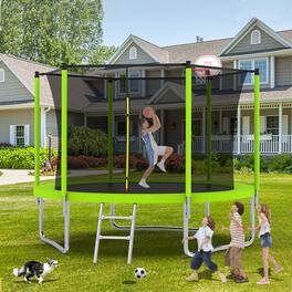 Ecooso - 10FT Outdoor Kids Trampoline w/ Safety Enclosure, Basketball Hoop & Ladder, Fast Setup, ASTM Compliant - Green