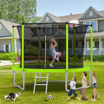 Front. Ecooso - 10FT Outdoor Kids Trampoline w/ Safety Enclosure, Basketball Hoop & Ladder, Fast Setup, ASTM Compliant - Green.