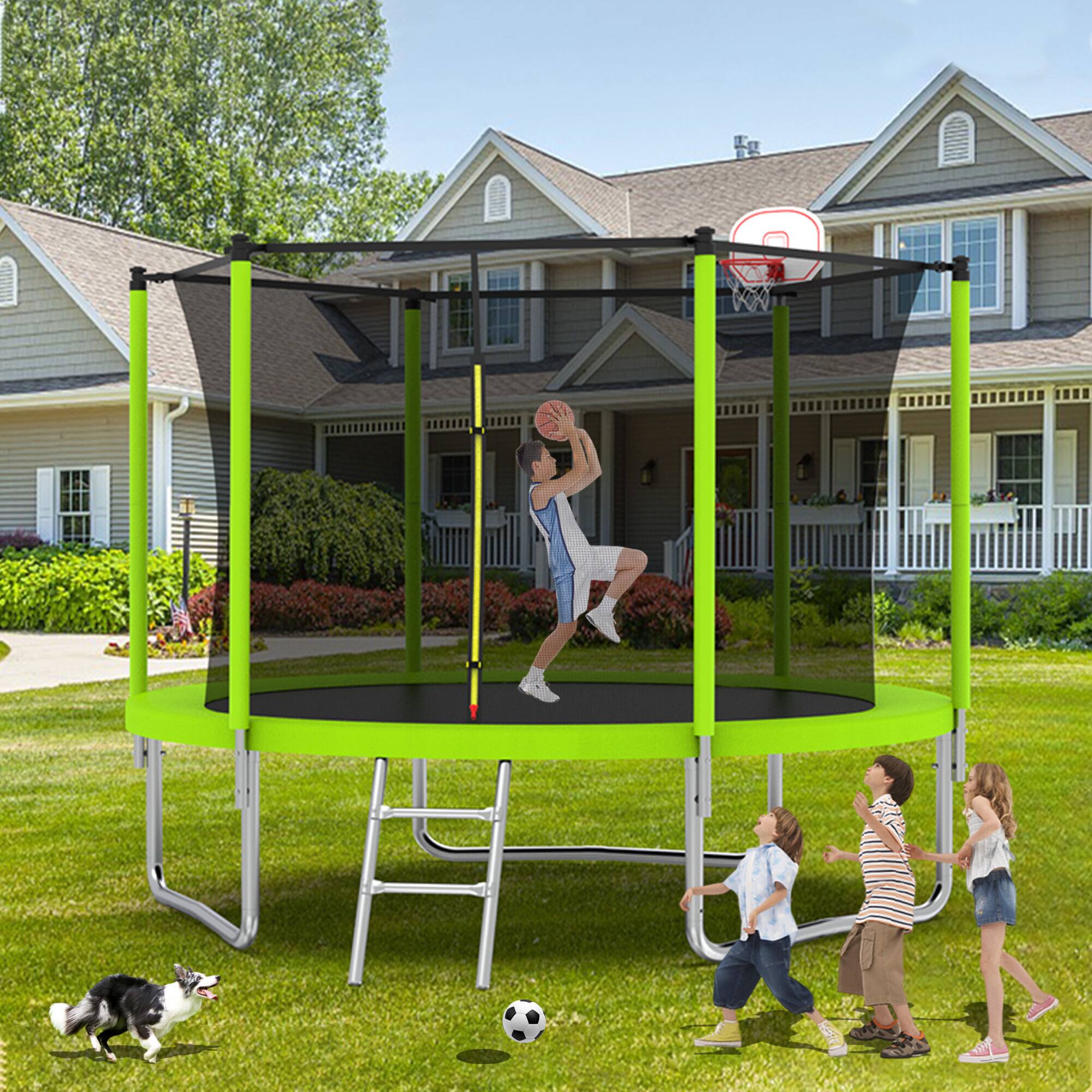 Front. Ecooso - 10FT Outdoor Kids Trampoline w/ Safety Enclosure, Basketball Hoop & Ladder, Fast Setup, ASTM Compliant - Green.