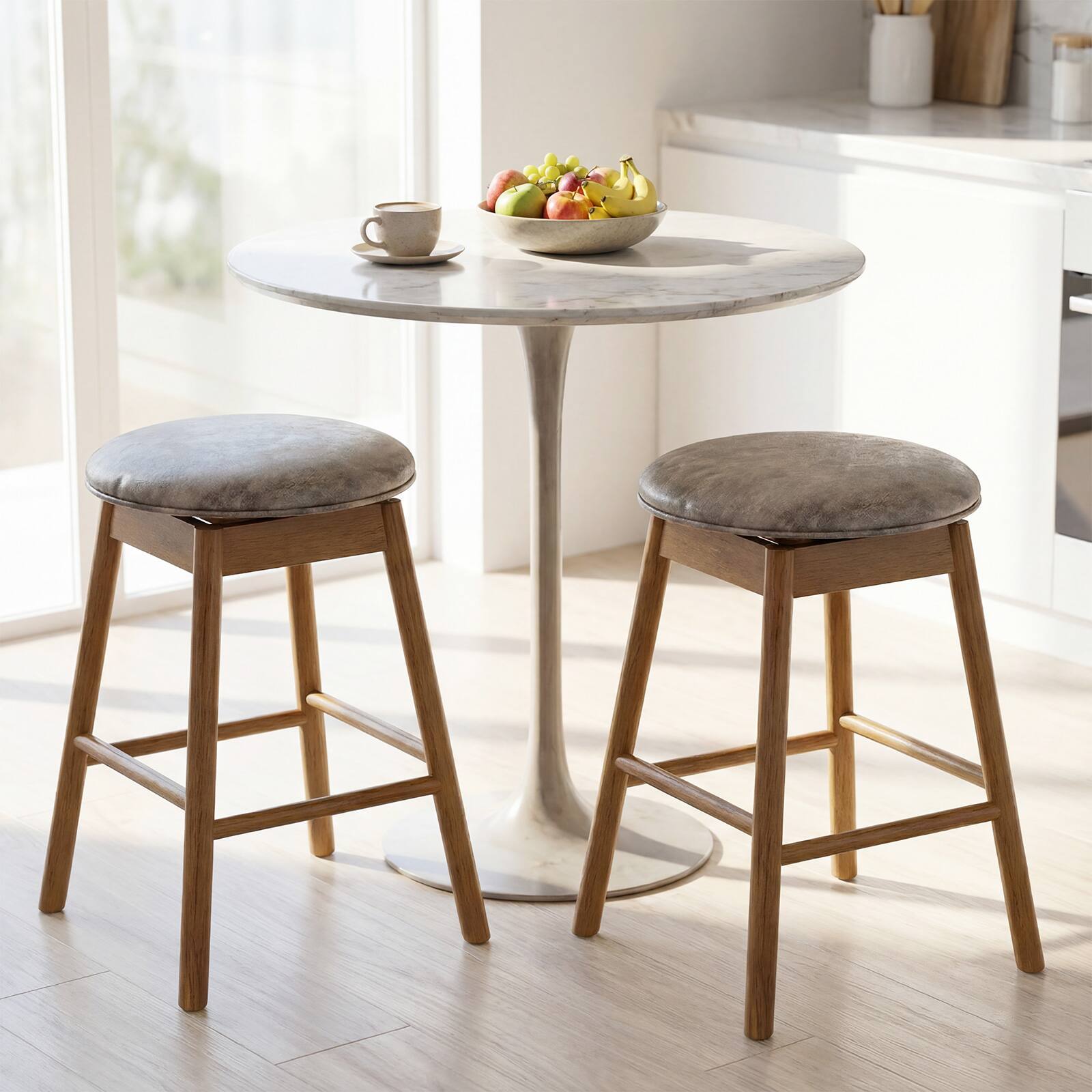 Alt View 3. Gymax - Gymax 25'' Swivel Counter Height Barstools Set of 2 w/Solid Wood Legs and Footrests - Grey.