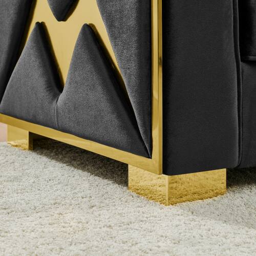 Alt View 1. Anysun - 81" 3-Seat Velvet Chesterfield Sofa - Button Tufted, Gold Stainless Steel Accents, Includes 2 Pillows - Black.