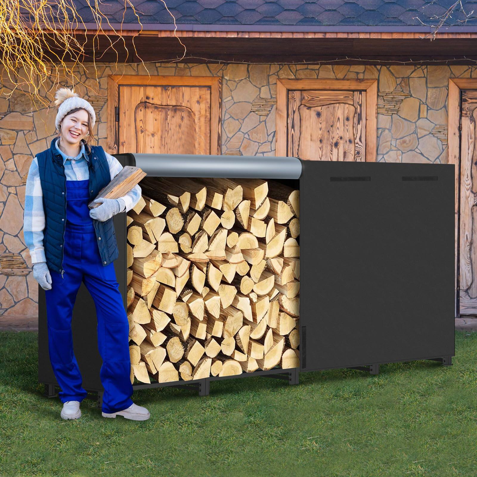Left. JETRANSPORT - 8ft Firewood Rack Outdoor With Waterproof Widened Cover Heavy Duty Holder Includes 2 Lateral Rods - 8 FT.