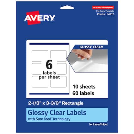 Go to avery.com/templates
AVERY
Use Avery Template Presta® 94212
GLOSSY CLEAR
6 labels per sheet
10 sheets 60 labels
2-1/3" x 3-3/8" Rectangle
Glossy Clear Labels with Sure Feed® Technology for Laser/Inkjet