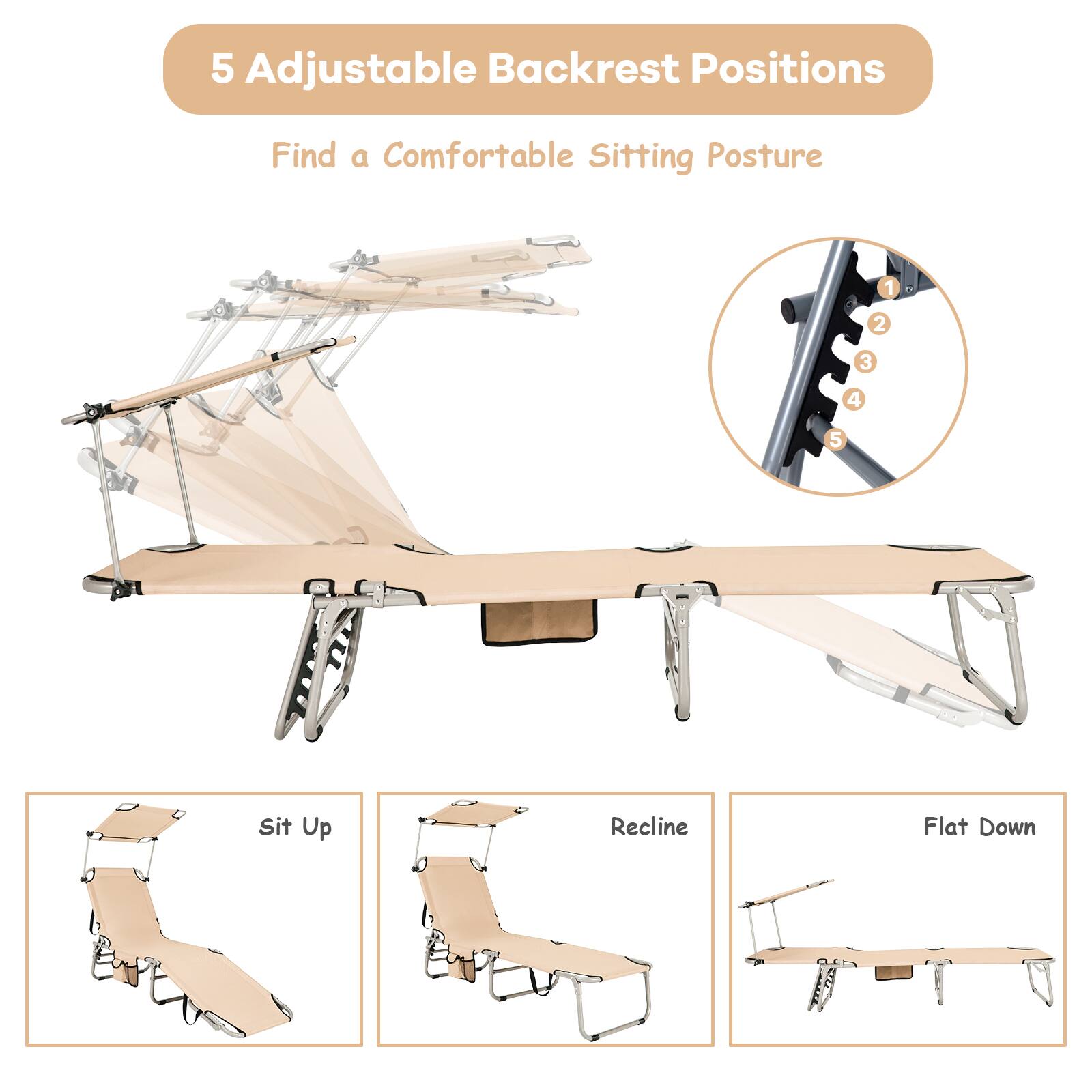 5 Adjustable Backrest Positions  
Find a Comfortable Sitting Posture  

1. Sit Up  
2. Recline  
3. Flat Down