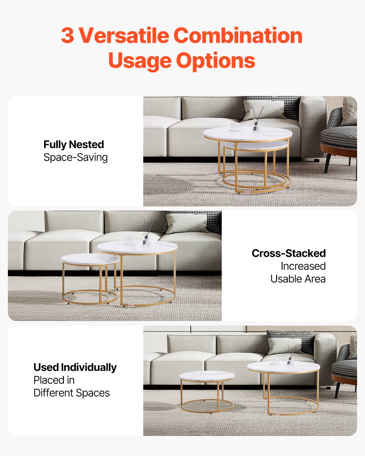 3 Versatile Combination Usage Options

Fully Nested Space-Saving

Cross-Stacked Increased Usable Area

Used Individually Placed in Different Spaces