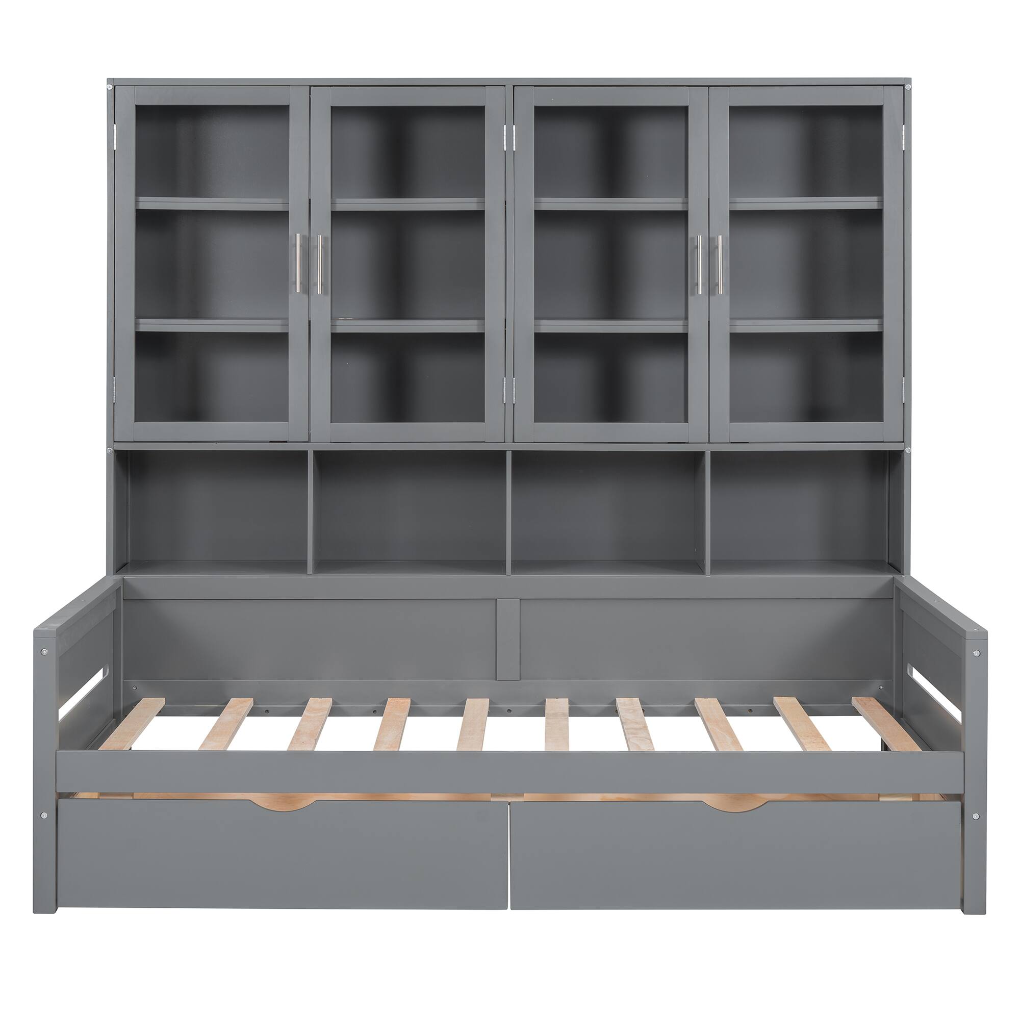 Back. Tiramisubest - Twin Size Wooden Daybed with Glass-Door Storage Cabinets, Built-in LED Lighting and Shelves, Gray - Gray.