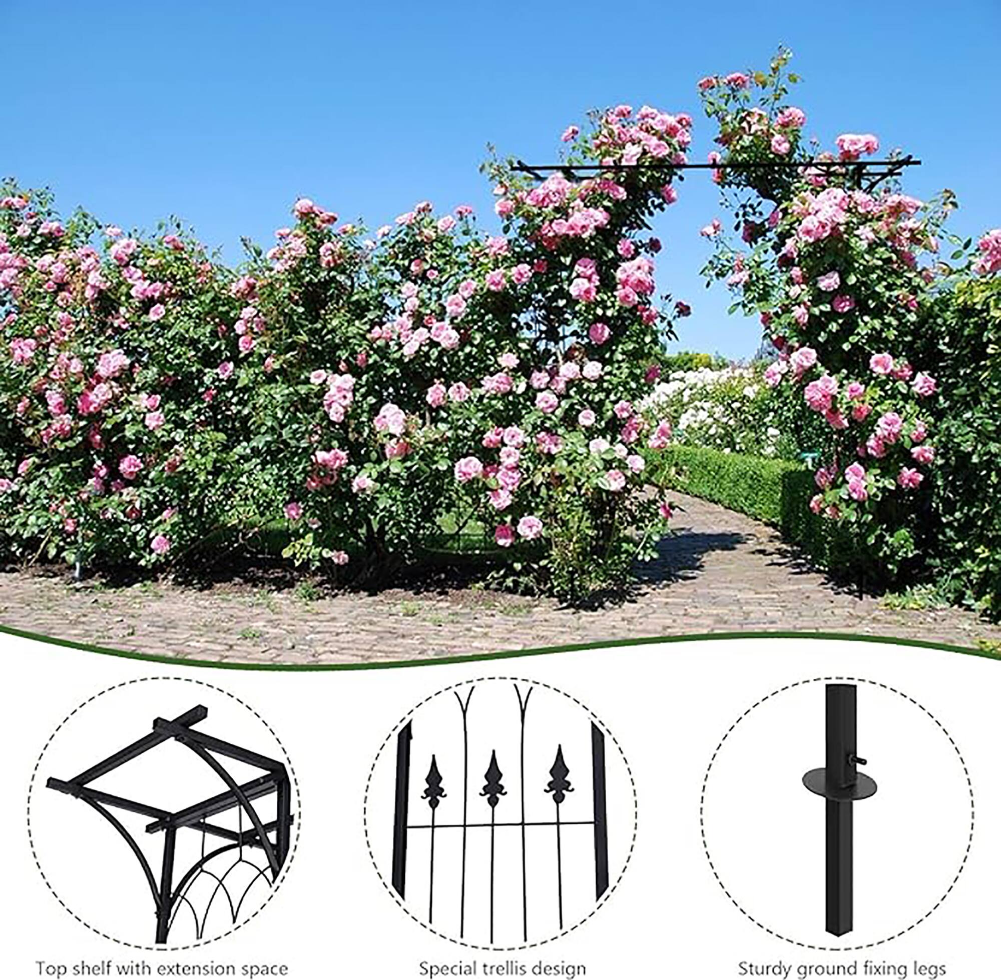 Top shelf with extension space  
Special trellis design  
Sturdy ground fixing legs