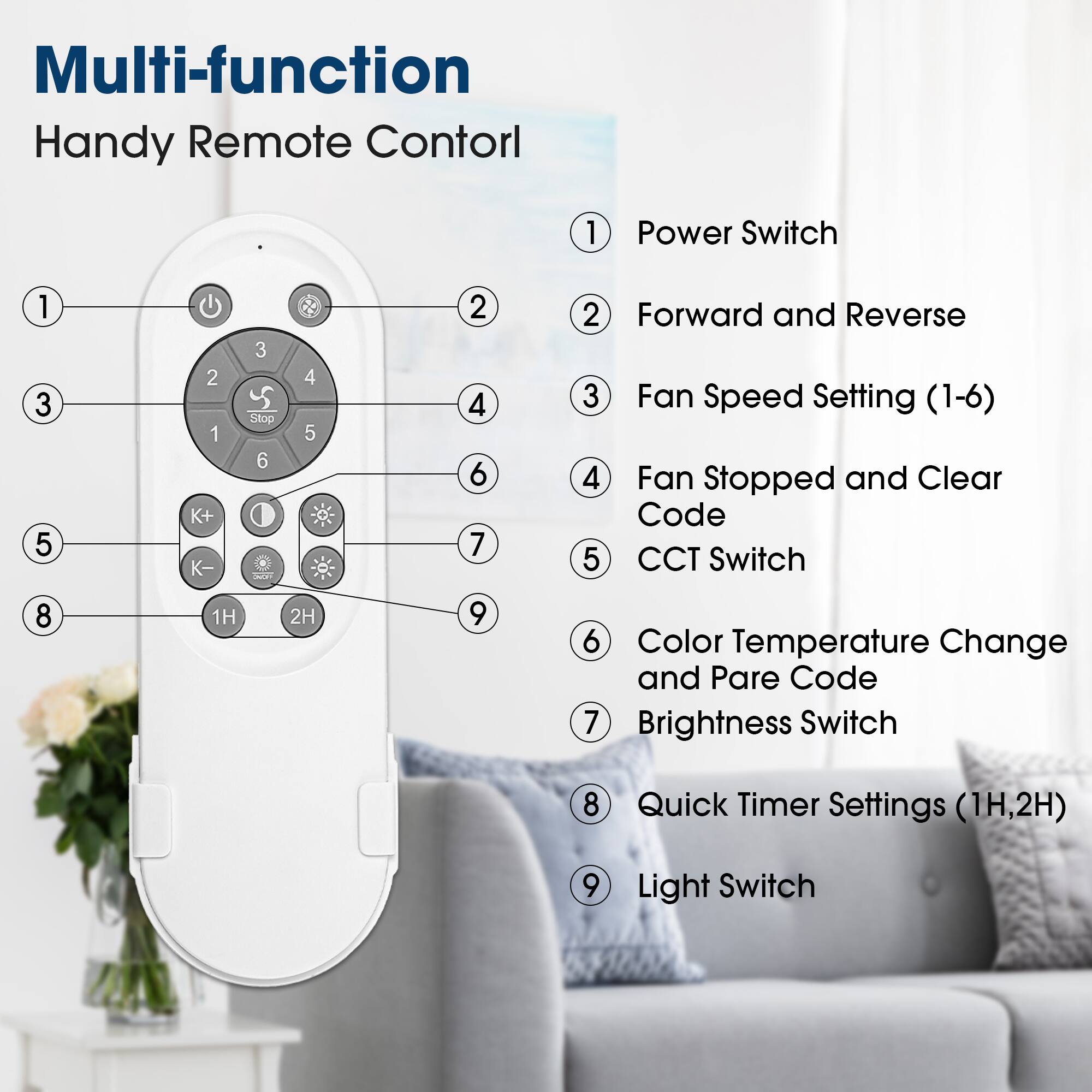 Multi-function Handy Remote Control

1. Power Switch
2. Forward and Reverse
3. Fan Speed Setting (1-6)
4. Fan Stopped and Clear Code
5. CCT Switch
6. Color Temperature Change and Pare Code
7. Brightness Switch
8. Quick Timer Settings (1H, 2H)
9. Light Switch
