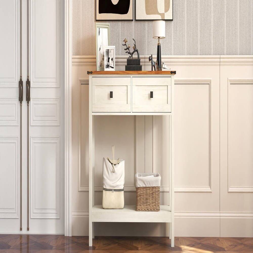Back. Kadyn - Farmhouse Style Console Table - 2 Drawers & Bottom Storage Shelf, Rustic Side Table for Entryway, Living Room, Hallway - White.