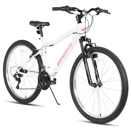 Front. HILAND - BAMCBASE Lilac 26 inches Mountain Bike for Women, 18-Speed High-Tensile Steel Frame, Suspension Fork, White - white.
