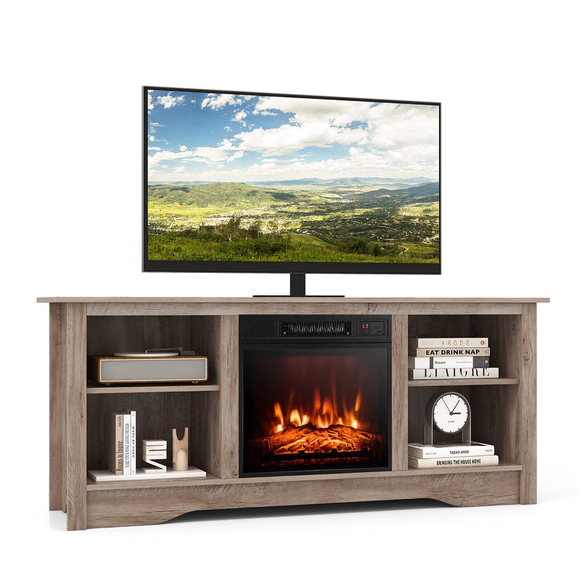 Gymax - 58'' TV Stand w/ 18'' Electric Fireplace Heater 3-Adjustable Shelves for 65'' TV - Gray