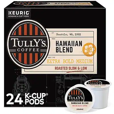 PR KEURIG GENUINE K-CUP PODS EST Seattle, WA, 1992 TULLY'S HAWAIIAN COFFEE BLEND. TYPE EXTRA BOLD MEDIUM ROASTED SLOW & LOW. TULLY'S COFFEE HAWAIIAN BLEND K-CUP 24 PODS.