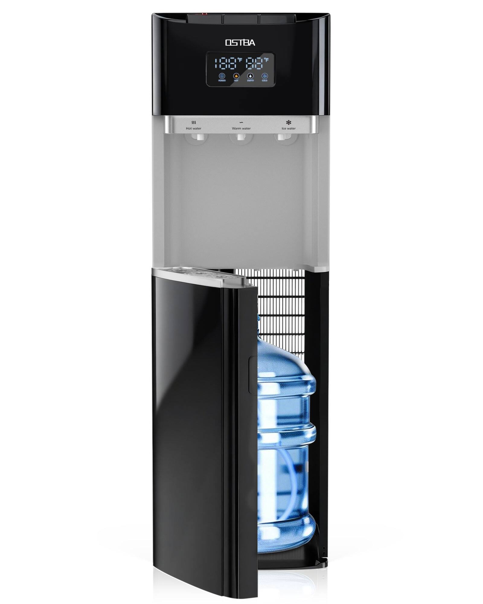 Front. OSTBA - Water Dispenser, LED Display, Hot Cold & Room Water, Stainless Steel Tank, Child Lock, 3 & 5 Gallon for Home & Office - Black.
