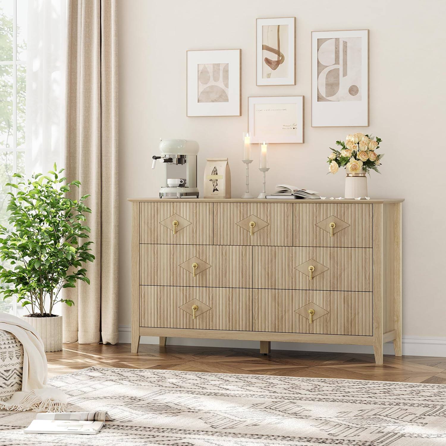 Alt View 4. GARVEE - Fluted Dresser 54" Wide, 7-Drawer Modern Wood Chest for Bedroom, Stylish Storage Organizer Cabinet for Living Room - Yellow.