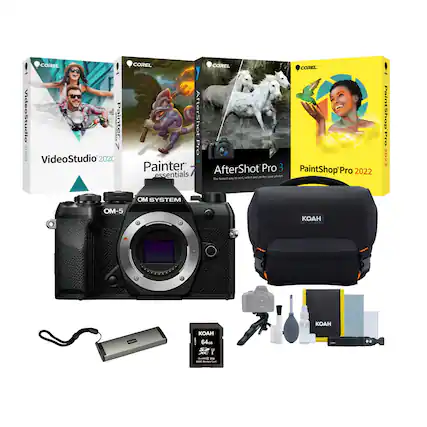 COREL VideoStudio 2020
COREL Painter Essentials 8
COREL AfterShot Pro 3
COREL PaintShop Pro 2022
OM SYSTEM OM-5
KOAH 64GB S2 G XC I CLASS Memory Card
KOAH Camera Bag
KOAH Camera Strap
KOAH Cleaning Kit