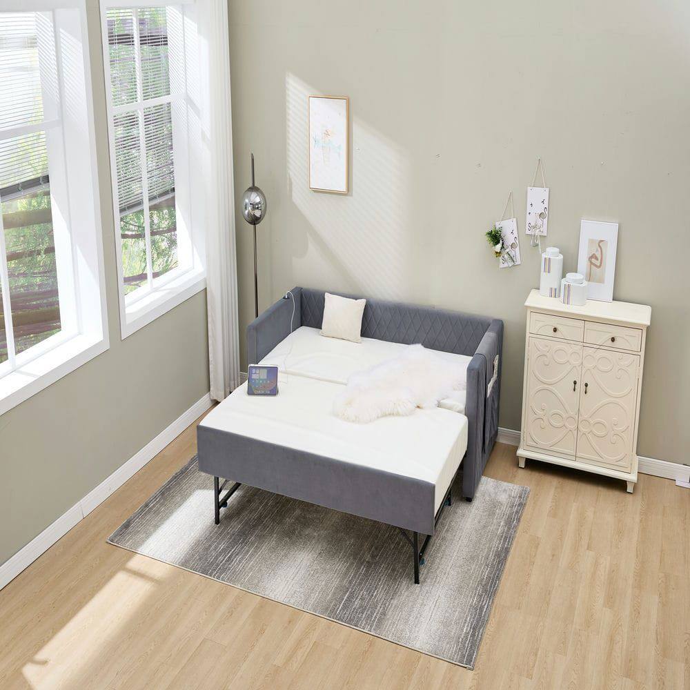 Alt View 4. Kadyn - Velvet Daybed with Sturdy Wood Frame, Modern Diamond Grid Pull-Out Design for Bedroom Living Room - Gray.