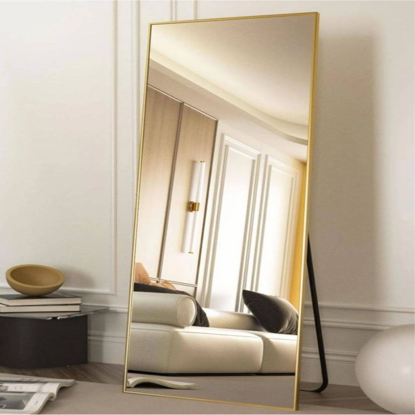 Left. HOMLUX - Full Length Rectangle Floor Mirror Gold Aluminum Frame Free Standing Wall Mount for Bedroom Entryway.