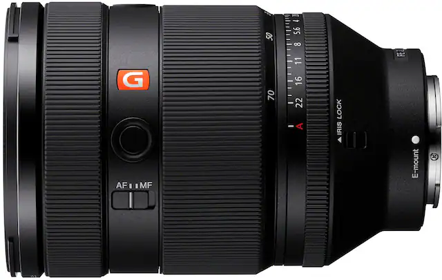 The text on the image reads "G AF 1.4 50 70 1 4 5.64 U 5.6 8 11 16 22 - A LOCK IRIS FEZ E-mount X." This text is likely related to the camera lens, providing information about its features and specifications.