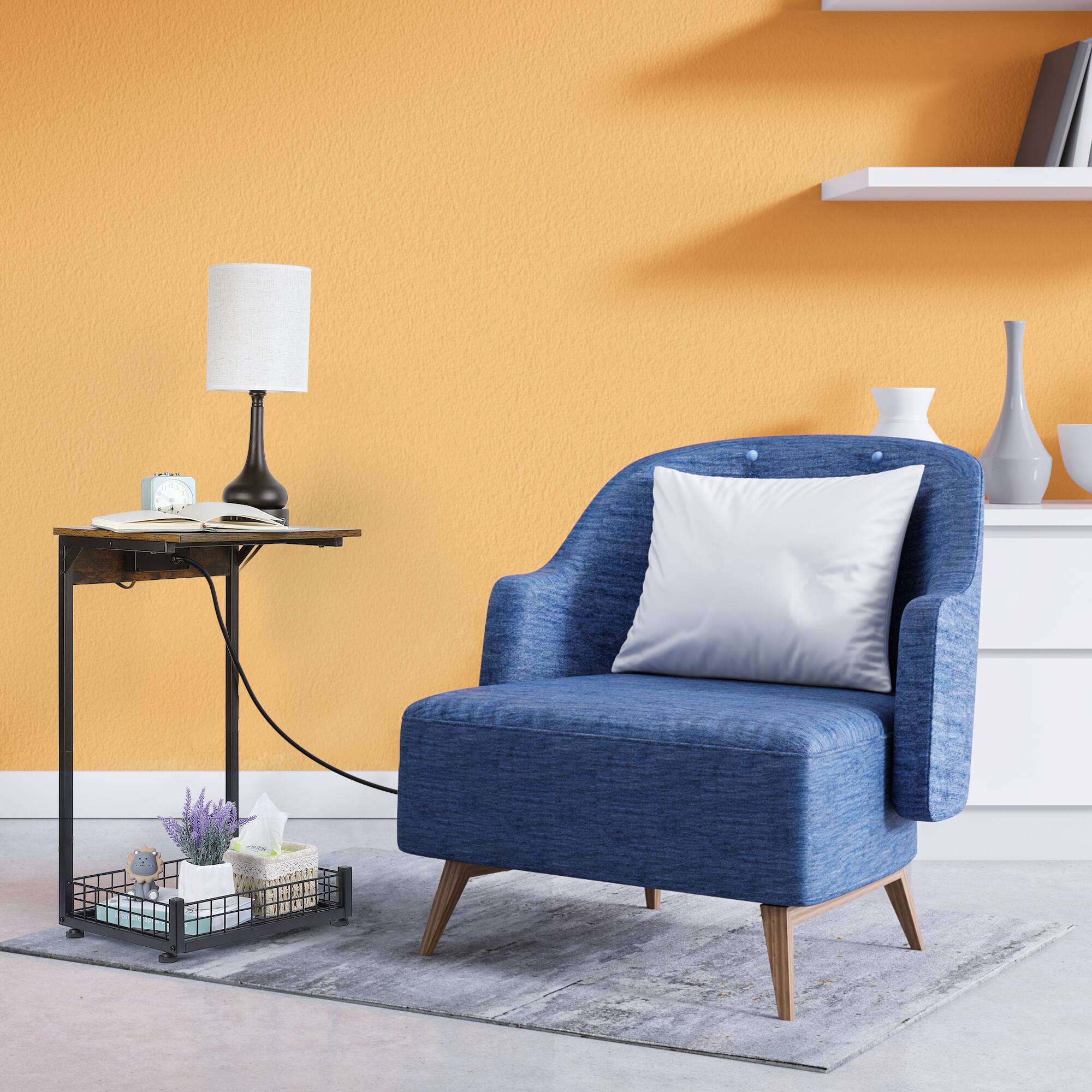 Angle. Oumilen - Rustic C-Shaped End Table with Built-In Power Outlets & Mesh Basket - Brown.