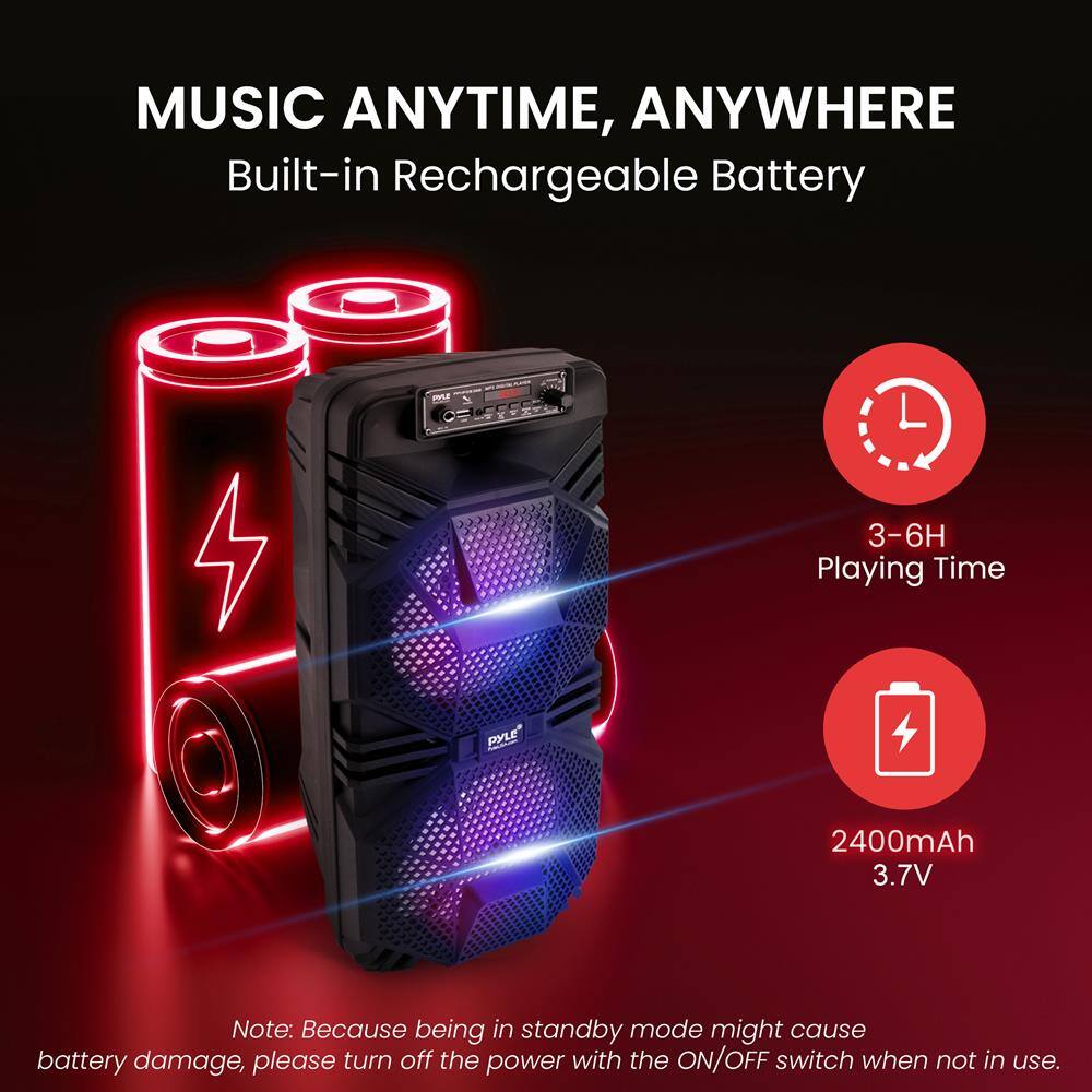 MUSIC ANYTIME, ANYWHERE  
Built-in Rechargeable Battery  

3-6H Playing Time  
2400mAh 3.7V  

Note: Because being in standby mode might cause battery damage, please turn off the power with the ON/OFF switch when not in use.