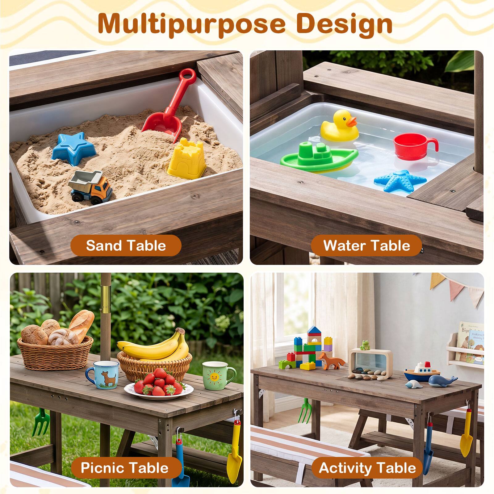 Multipurpose Design
Sand Table
Water Table
Picnic Table
Activity Table