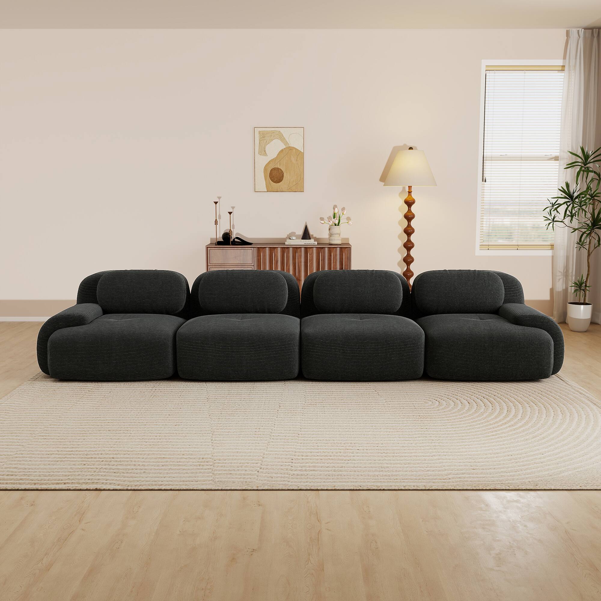 Angle. Aukfa - 4 seats Modular Corduroy Sectional Sofa with Ergonomic Support - Pet Friendly, Easy Assembly, Non-Slip Base Design - Black.