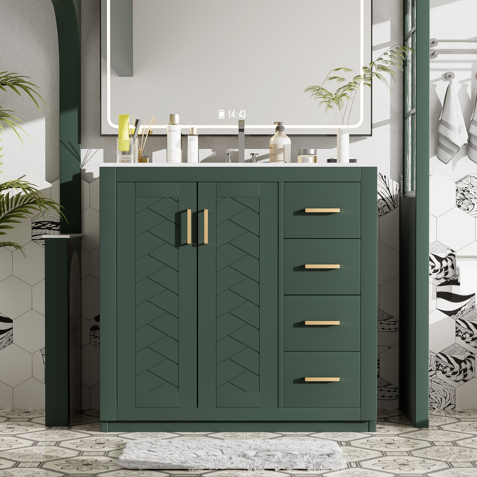 Tiramisubest - 36" Bathroom Vanity with Ceramic Sink Combo, Bathroom Storage Cabinet, Freestanding Vanity Set with 3 Drawers - Green