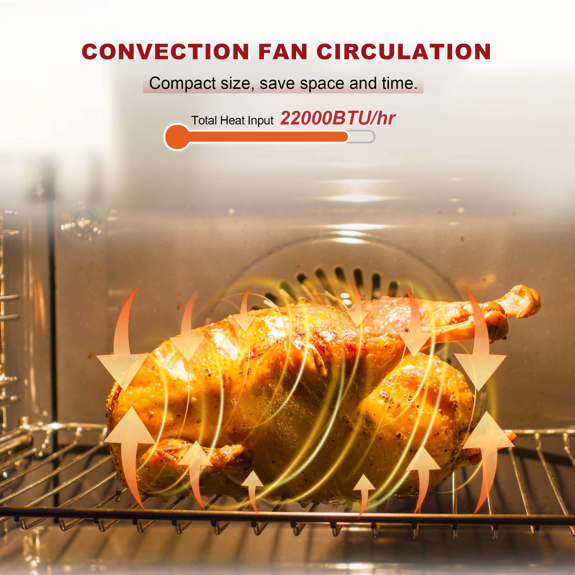 CONVECTION FAN CIRCULATION  
Compact size, save space and time.  
Total Heat Input 22000BTU/hr