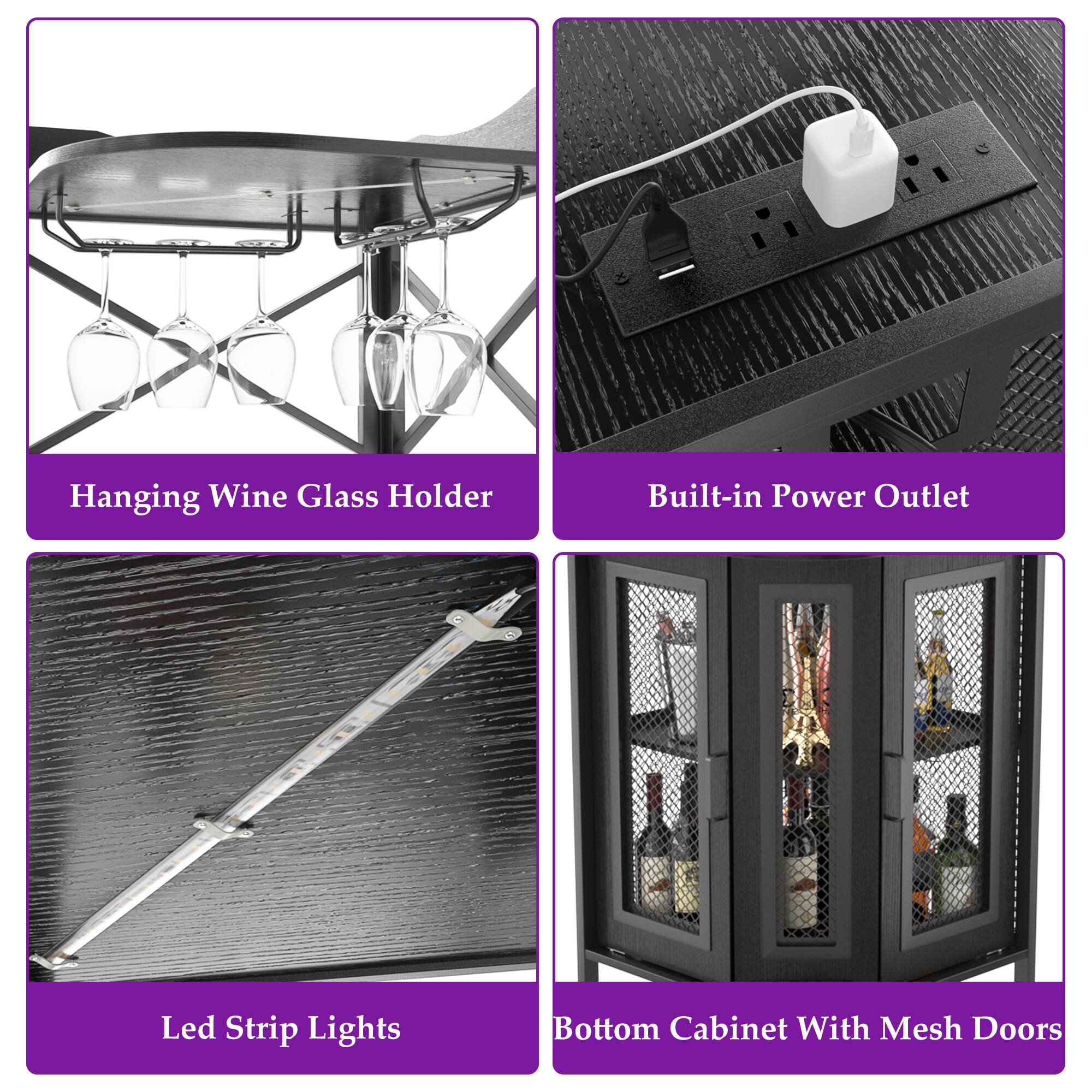 - Hanging Wine Glass Holder
- Built-in Power Outlet
- Led Strip Lights
- Bottom Cabinet With Mesh Doors