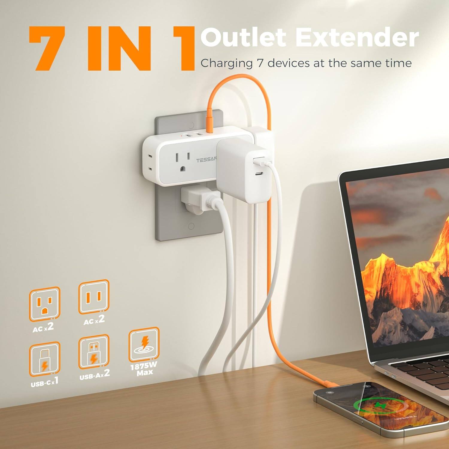 7 IN 1 Outlet Extender  
Charging 7 devices at the same time  

AC x2  
AC x2  
USB-A x2  
USB-C x1  
1875W Max