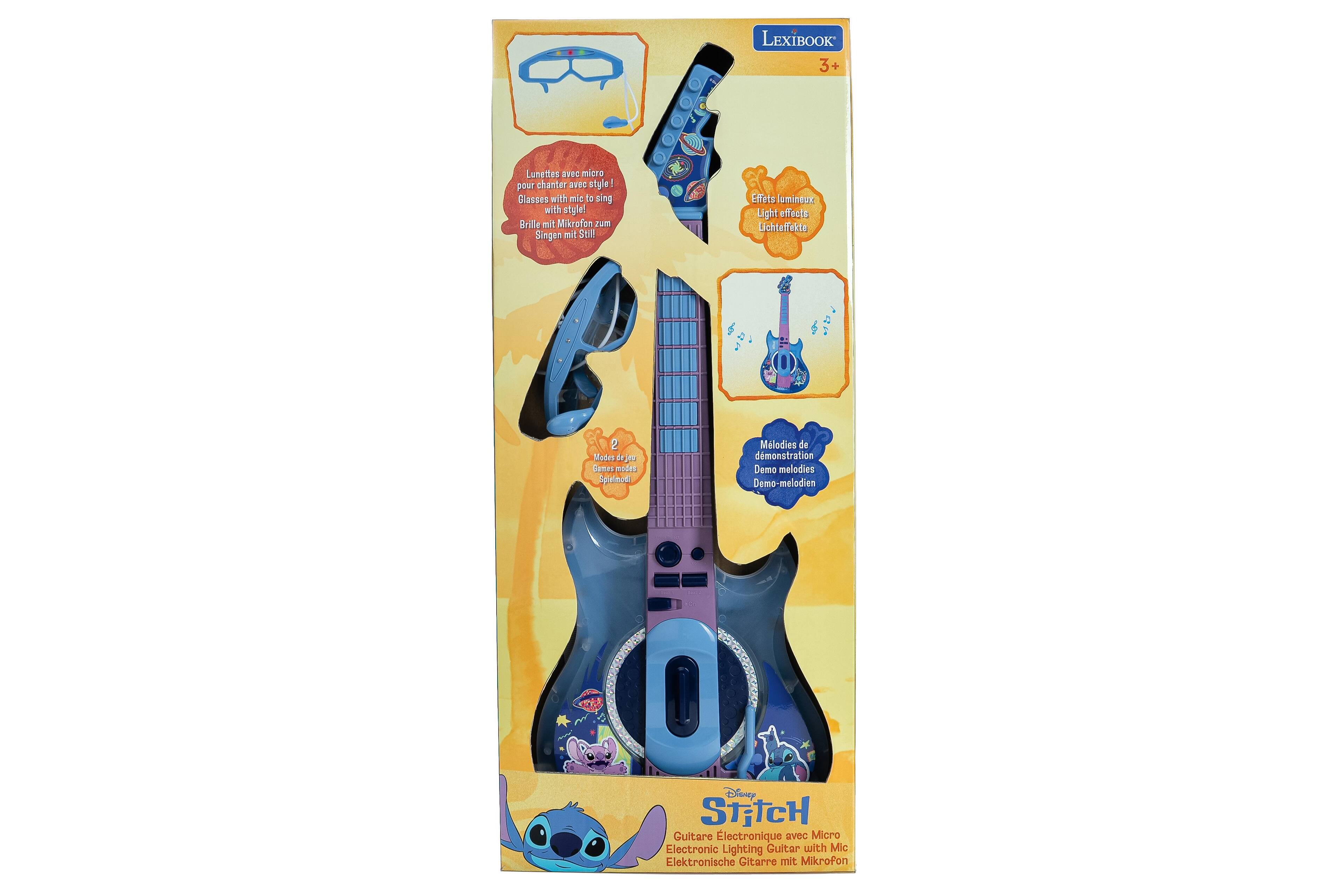 LEXIBOOK 3+  
Lunettes micro pour chanter avec style !  
Glasses with mic to sing with style !  
Brille mit Mikrofon zum Singen mit Stil !  

Effets lumineux  
Light effects  
Lichteffekte  

2 Modes de jeu  
2 Games modes  
2 Spielmodi  

Melodies de démonstration  
Demo melodies  
Demo-melodien  

Guitare électronique avec Mic  
Electronic Lighting Guitar with Mic  
Elektronische Gitarre mit Mikrofon