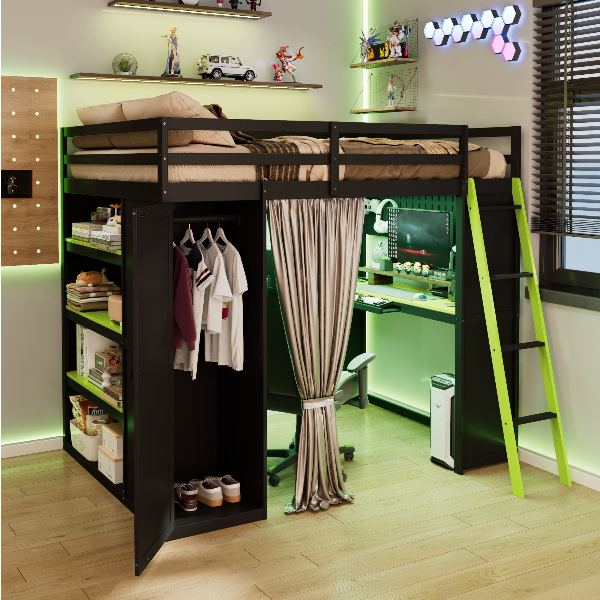Anysun - Full Size Wood Loft Bed with,Wardrobe,Shelves,Blackout Curtains,and RGB Lights - Green