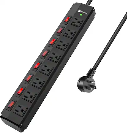 Front. Dazzed Corner - 8 Outlet Power Strip,Metal Power Strip Surge Protector 1200 Joules,6FT Extension Cord - Black.