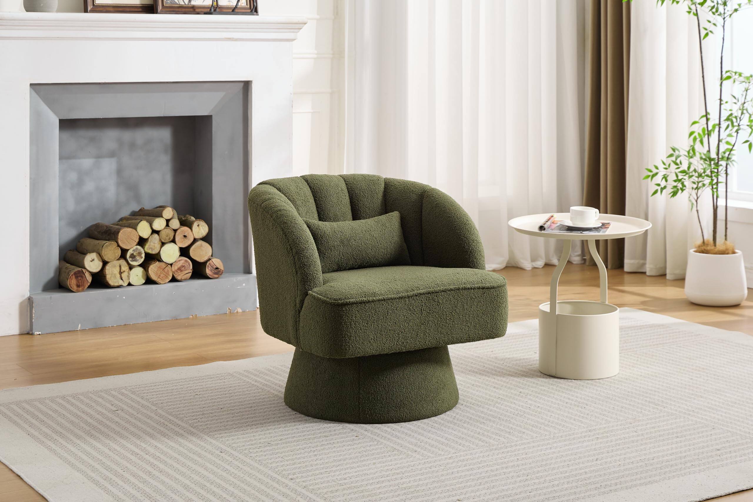 Angle. Jojoka - Modern Swivel Accent Chair, 360° Upholstered Lounge Chair with Plush Padding & Striped Backrest - Teddy - Green.