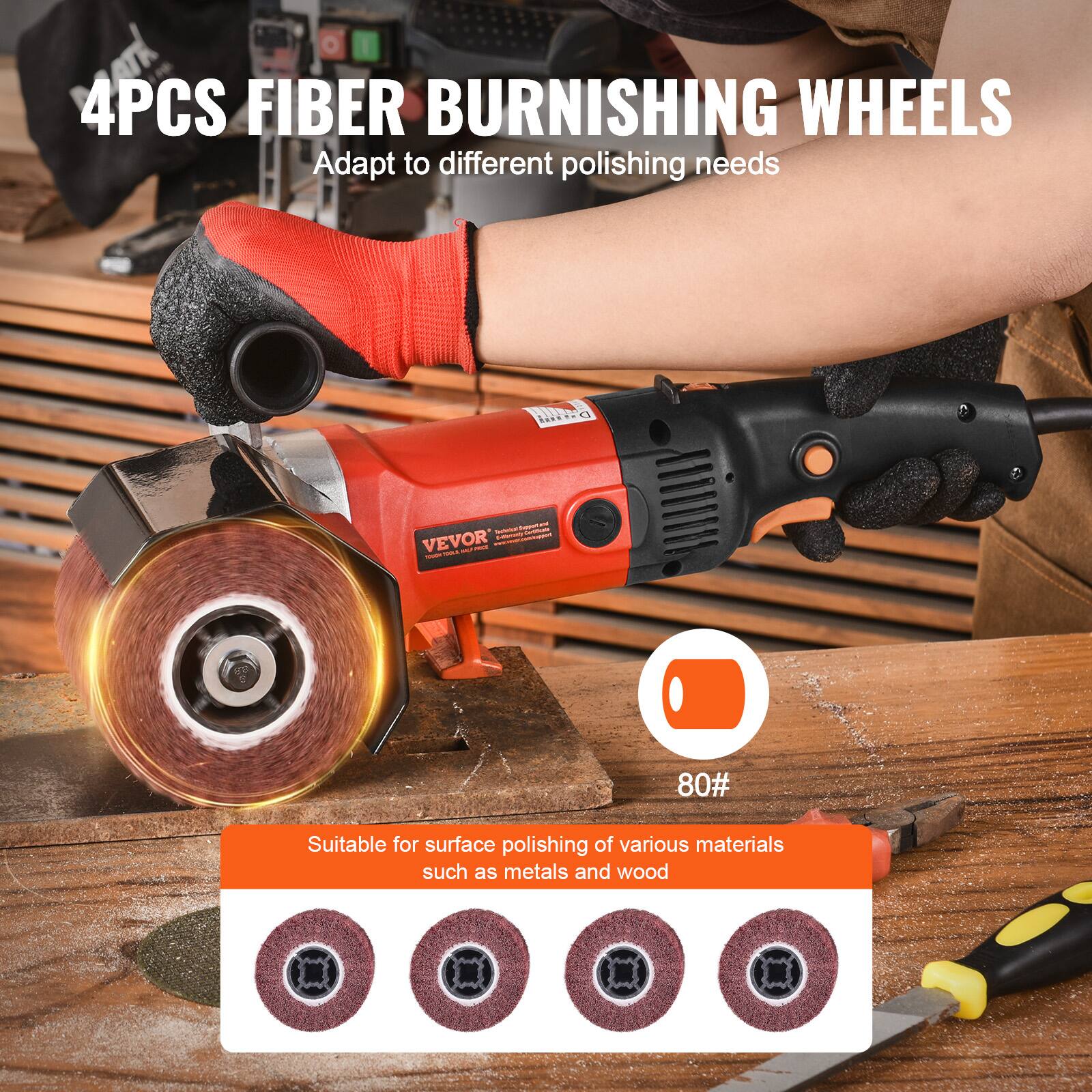 4PCS FIBER BURNISHING WHEELS  
Adapt to different polishing needs

80#  
Suitable for surface polishing of various materials such as metals and wood