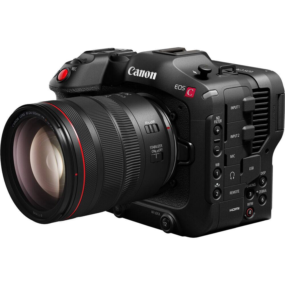 CANON LENS RF24-105mm 1:4 L IS USM  
CANON EOS C  
REC  
AF1 AME  
STABILIZER ON OFF  
AF LOCK 12  
NO FILTER  
WB 1 2  
INPUT1 INPUT2  
MIC  
USB  
DISP  
PEAKING  
REMOTE  
ZEBRA  
WFM  
HDMI  
SUBINITARE