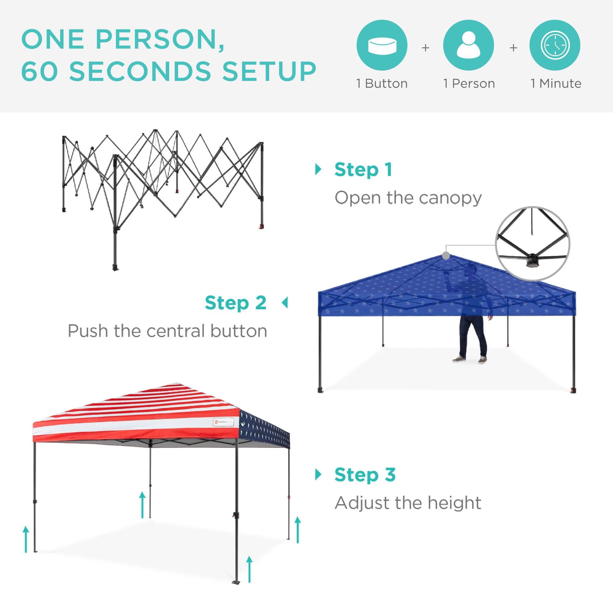ONE PERSON, 60 SECONDS SETUP

1 Button + 1 Person + 1 Minute

Step 1
Open the canopy

Step 2
Push the central button

Step 3
Adjust the height
