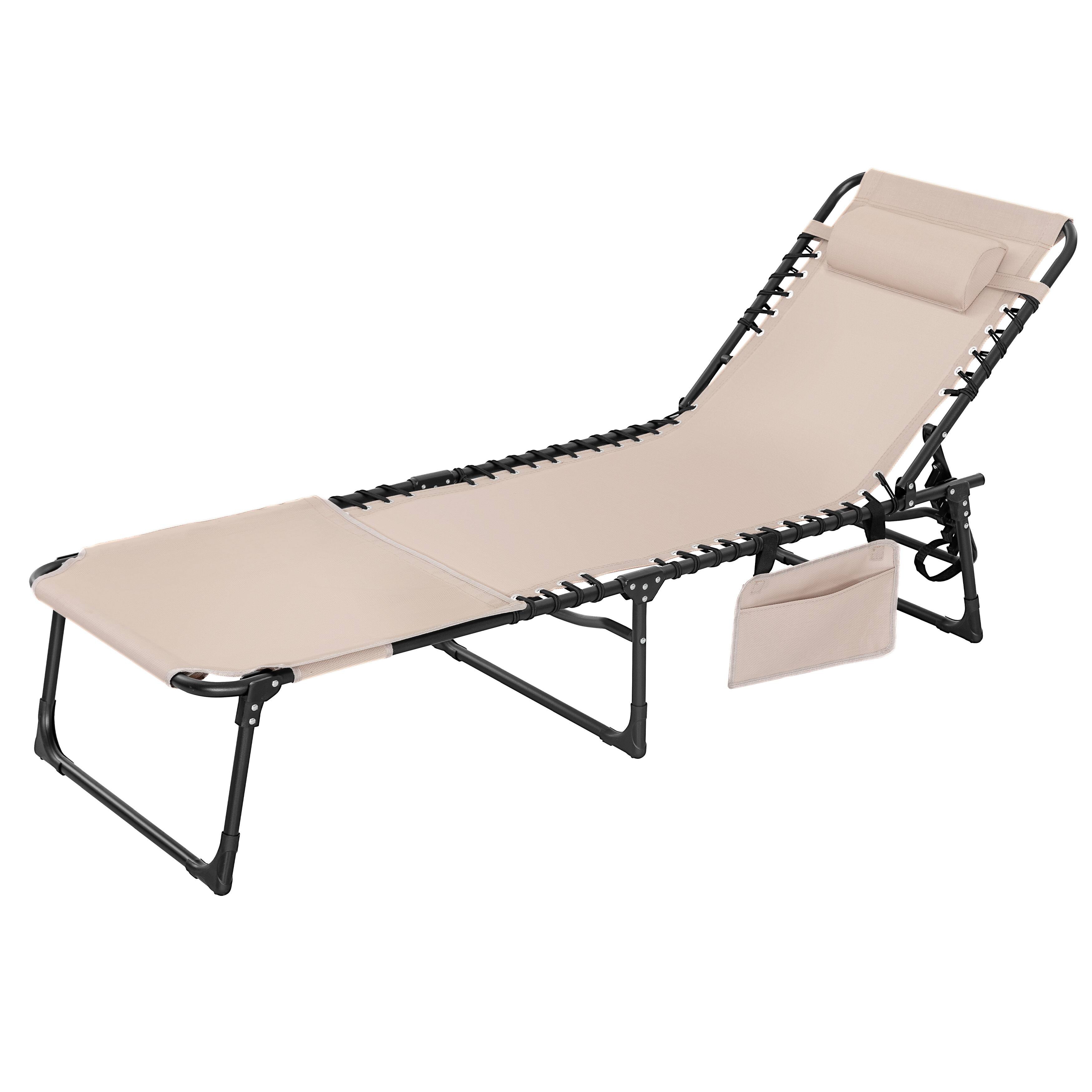 Alt View 7. Nuu Garden - Folding Textilene and Steel Outdoor Lounge Chair with 5-Position Adjustable Backrest, Face Hole and Pillow - Khaki and Black.