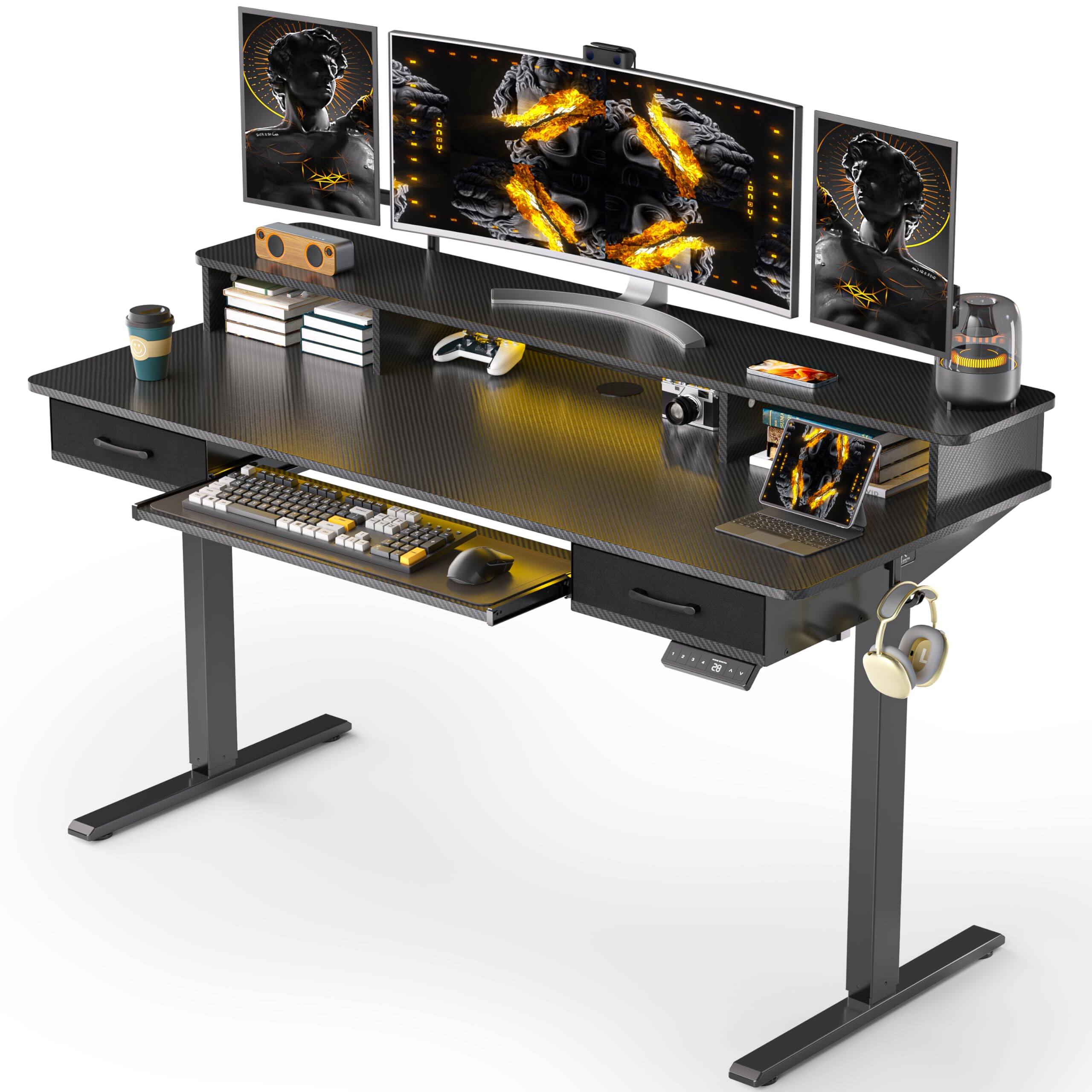 Front. Hirose Alice - Electric Standing Desk with Keyboard Tray, Height Adjustable Stand up Desk with 2 Drawers, Ergonomic Sit to... - Black 55x24" with keyboard tray.