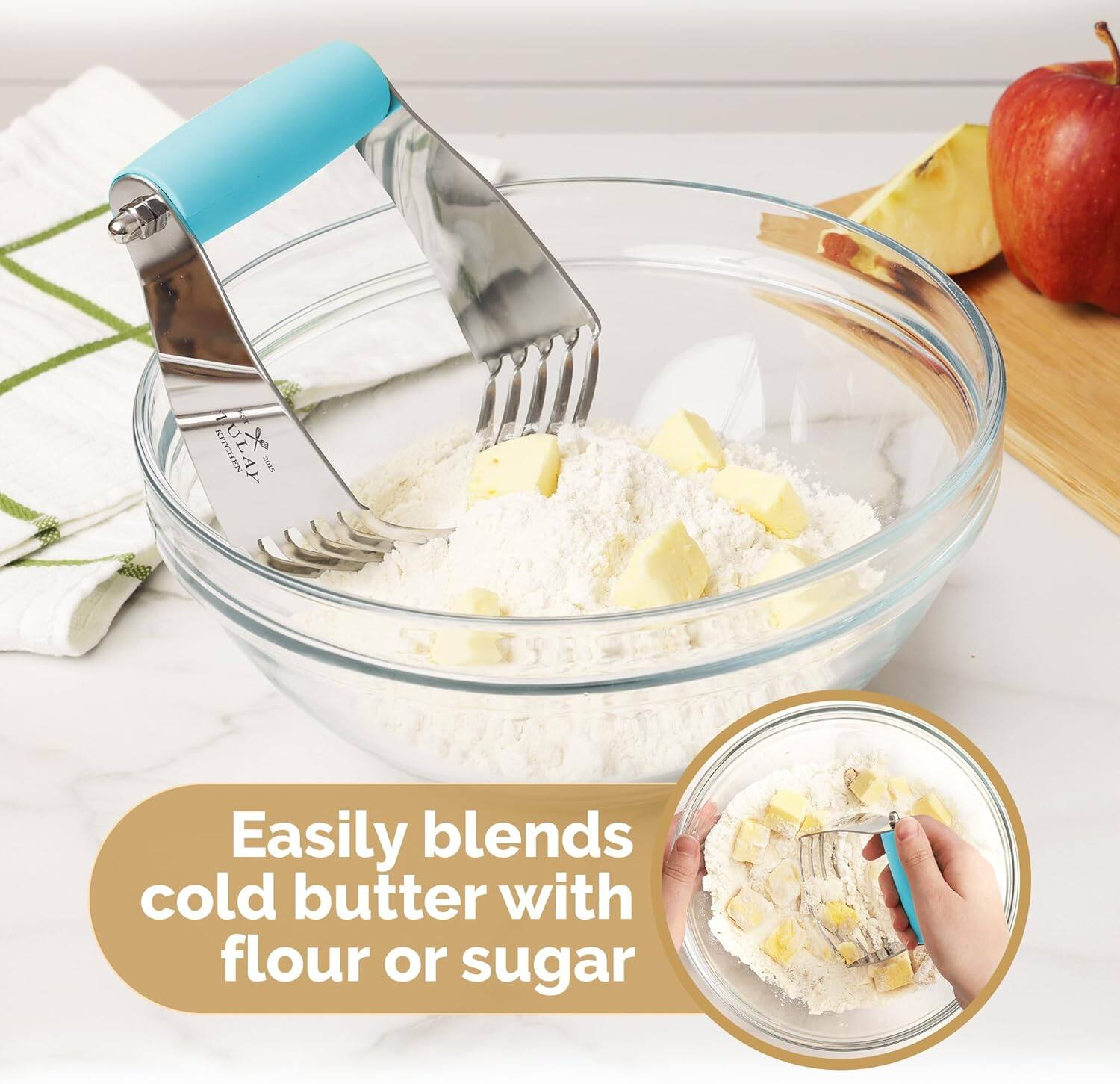 Easily blends cold butter with flour or sugar